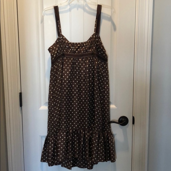 Chocolate brown silk dress with tan polka dots - Picture 2 of 3